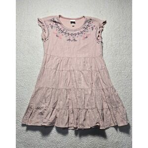 Knox Rose Womens Embroidered Tiered Mini Dress Pink Boho Ruffle Sleeve Medium
